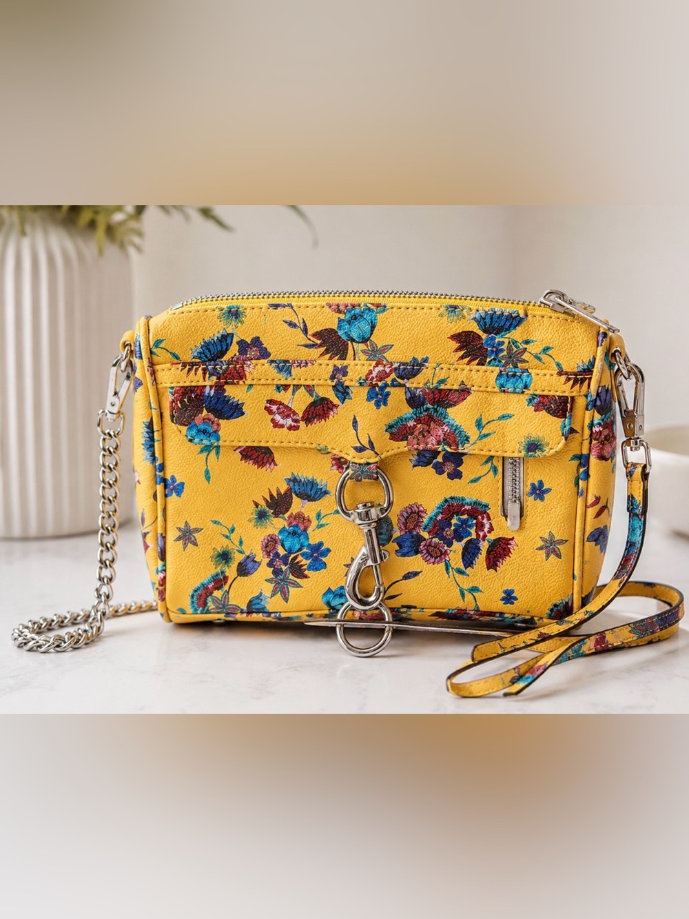 Rebecca Minkoff Yellow Floral Mini MAC Crossbody Bag with Mixed-Metal Chain
